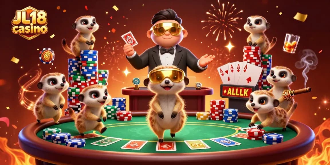 Experience the thrill of JL18 casino with meerkats in a vibrant casino scene full of action and excitement.