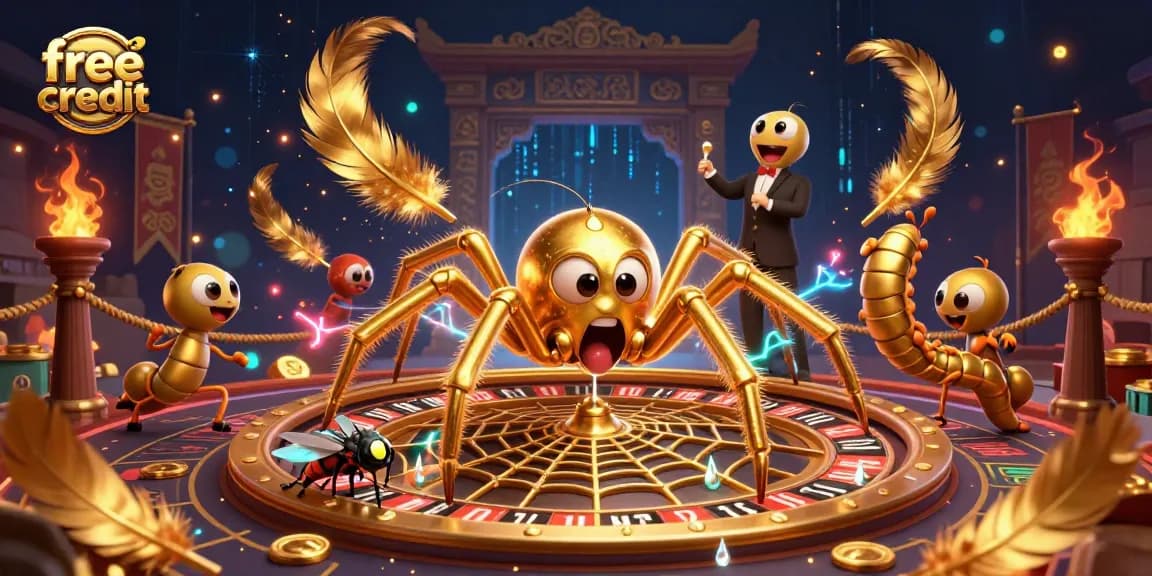 Engage with free credit opportunities as a fly nervously bets at a roulette wheel spun by a centipede croupier.
