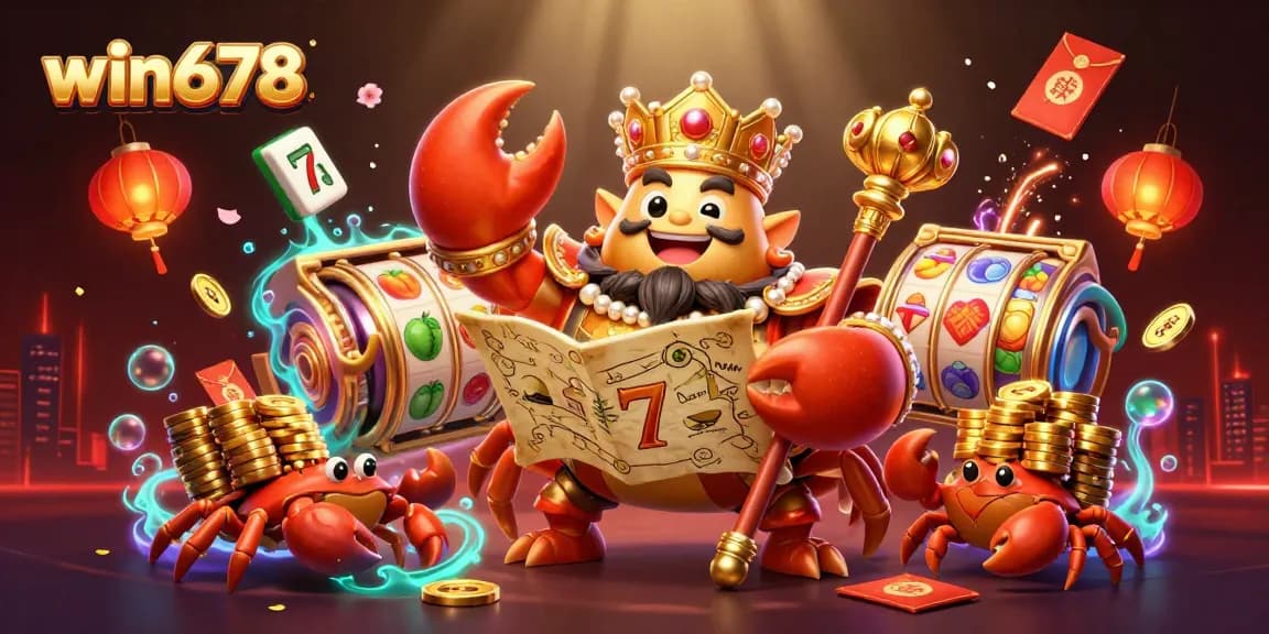 Win678 showcases an immersive slot gaming experience featuring a golden crab emperor with lively elements.