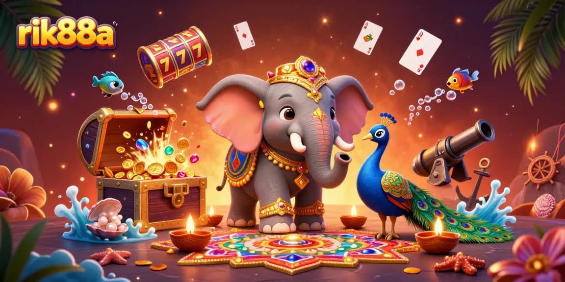 Engage with rik88a's colorful 3D casino world filled with slot reels, golden treasures, and festive elements.