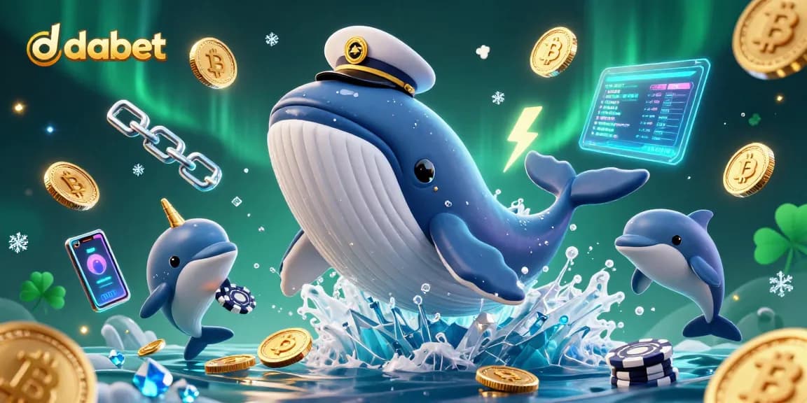 dabet reveals a vibrant crypto casino scene with a whale and playful dolphins amidst glittering coins and cards