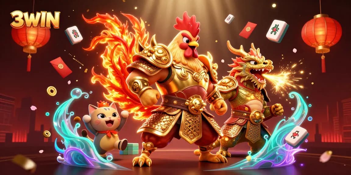 3WIN engages players with a dynamic 3D fighting rooster warrior, dragon hatchling, and fortune cat in a vibrant casino-themed illustration.