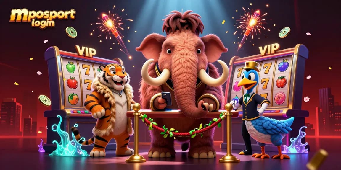 Experience the excitement of mposport login through vibrant 3D casino illustration capturing thrilling elements and colorful characters.