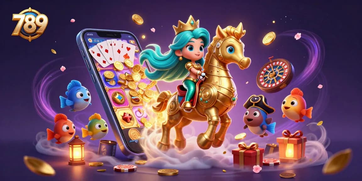 Engage in thrilling slot games with 789 as a vibrant mermaid princess rides her seahorse amidst animated casino elements.