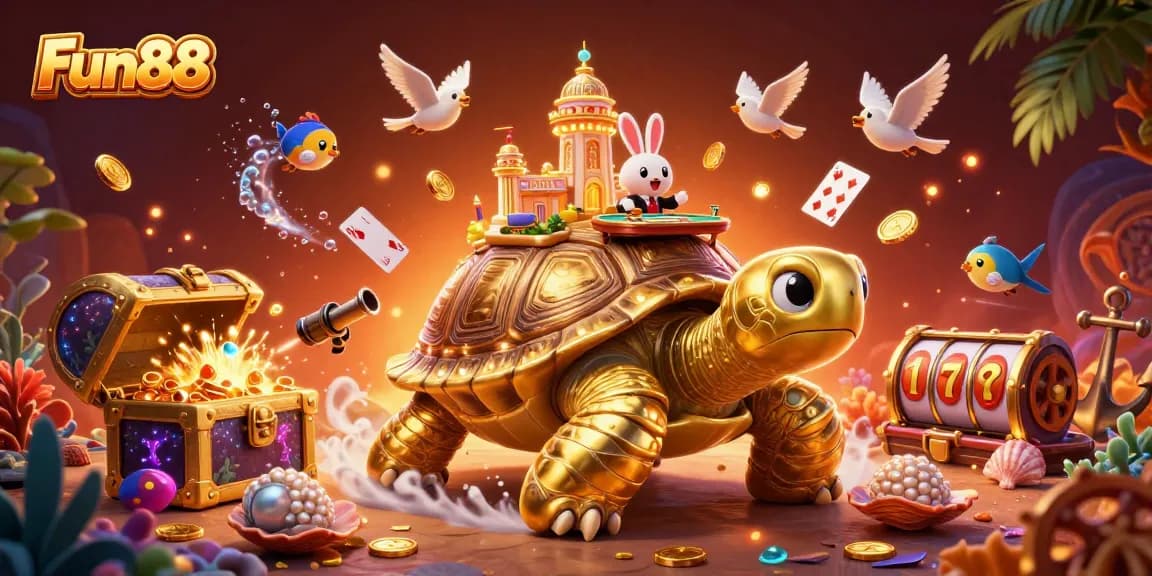 Engage with Fun88's vibrant casino scene featuring golden tortoise and dynamic game elements.