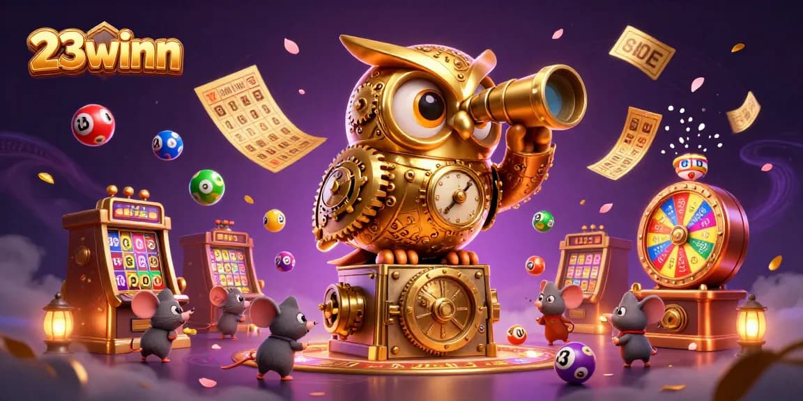 Experience the thrill of gaming with 23winn's vibrant casino illustration featuring a golden owl and lively elements.