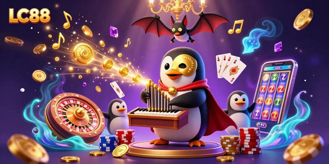 LC88 brings excitement with a whimsical penguin opera scene filled with golden coins, roulette wheels, and vibrant game elements.