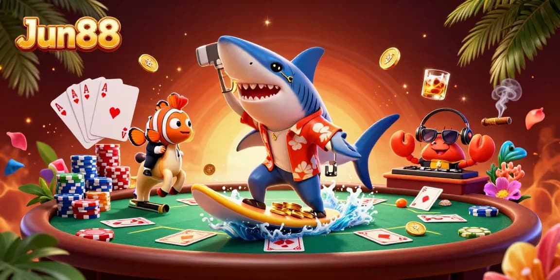 Experience Jun88's thrilling casino action with vibrant characters amidst a poker scene.