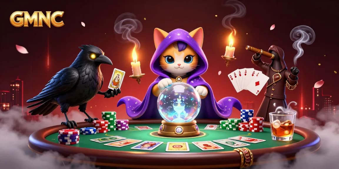 Experience GMNC's vibrant gambling scene with mystical characters at a poker table.