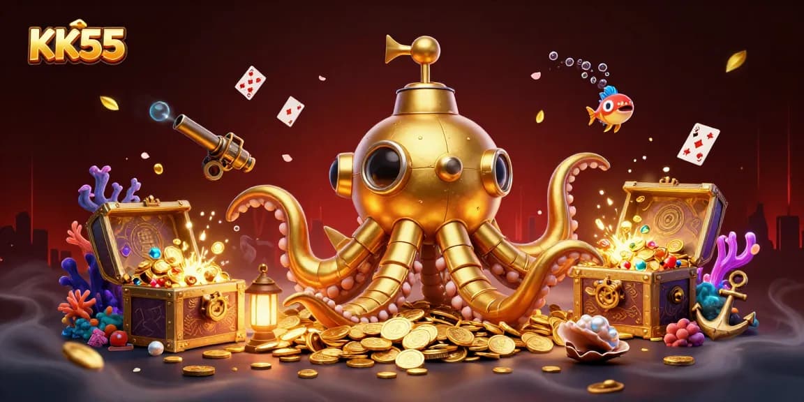 Experience the thrill of winning with KK55's underwater casino adventure featuring gold coins and treasures!