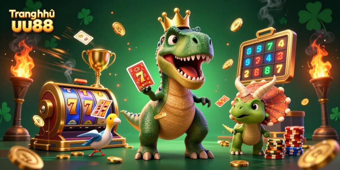 Engage with the thrilling world of Trang chủ uu88, showcasing a T-Rex shuffling cards amidst vibrant casino elements.