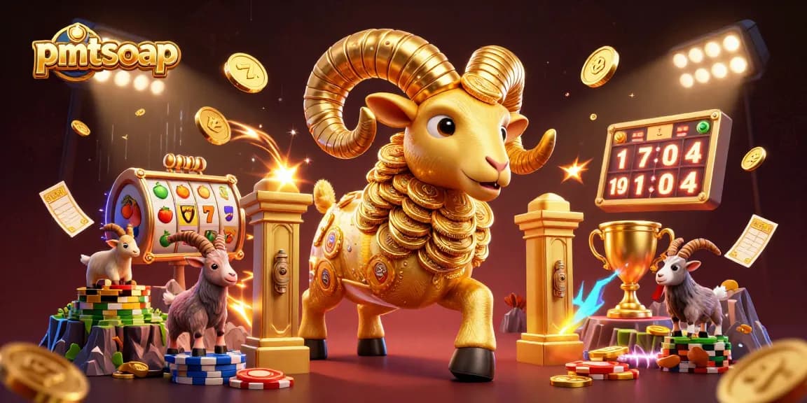 Engage in thrilling gameplay with pmtsoap as a golden ram charges through a vibrant casino scene.