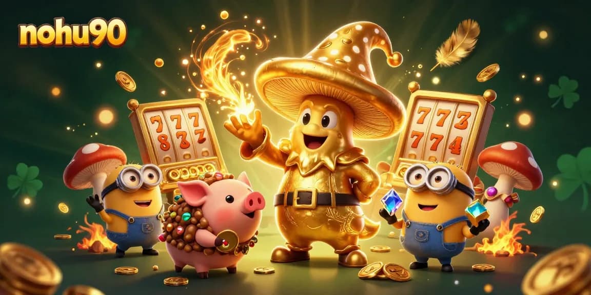 Experience the excitement of jackpots and slots at nohu90 with an enchanting wizard and treasure-hunting pig.