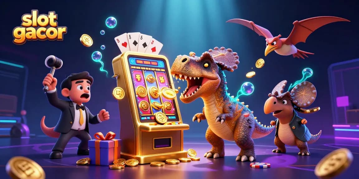 Slot gacor menang besar dengan karakter dinosaurus dan jackpot, suasana kasino yang meriah.