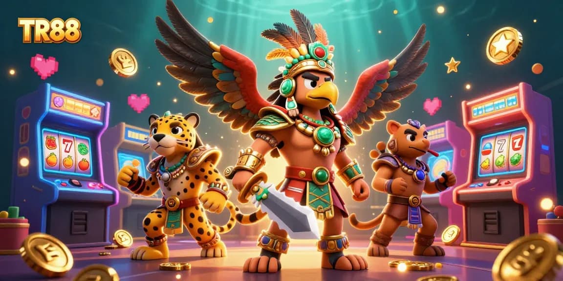 Exciting TR88 slot gameplay features 3D warriors and vibrant casino elements.