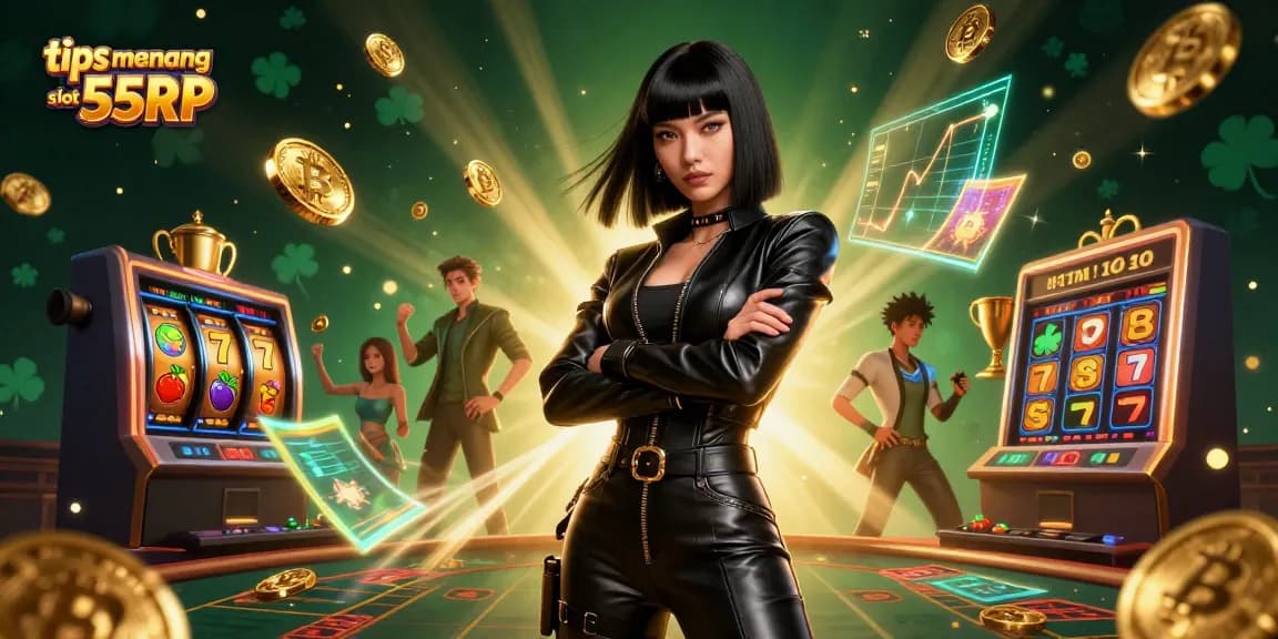 Win big with tips menang slot 55RP in an ultra-detailed online casino illustration featuring dynamic slot elements.