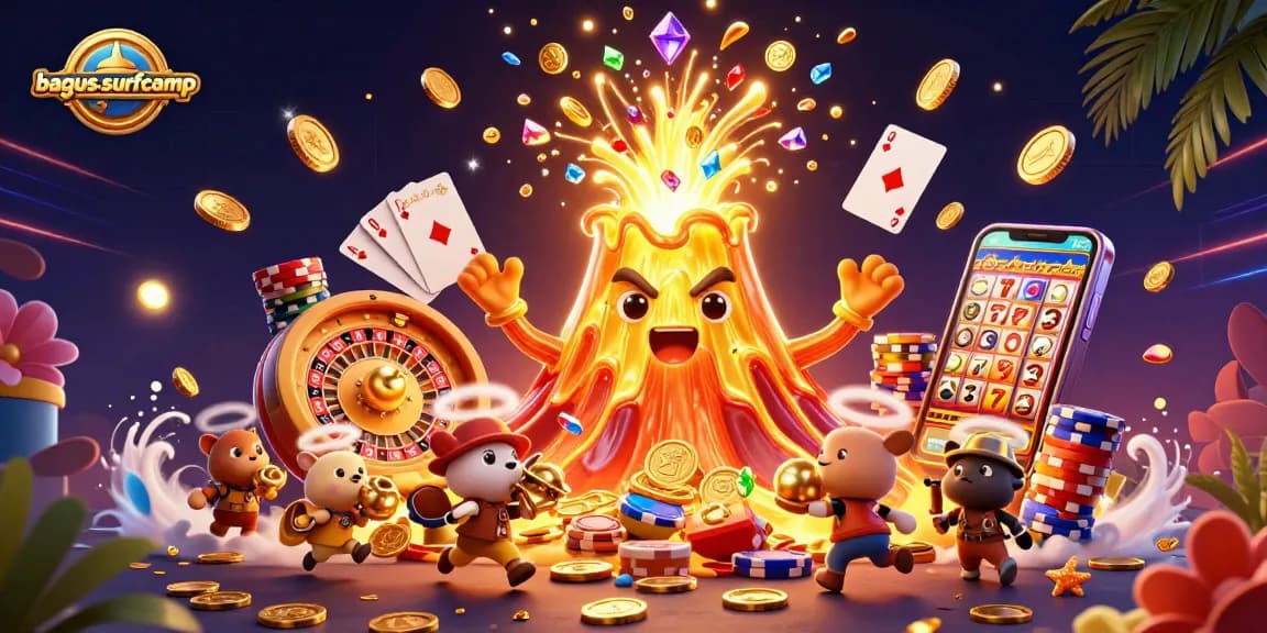 Engage in the thrilling world of gambling at bagus-surfcamp with a 3D illustration showcasing vibrant slots, coins, and treasures.