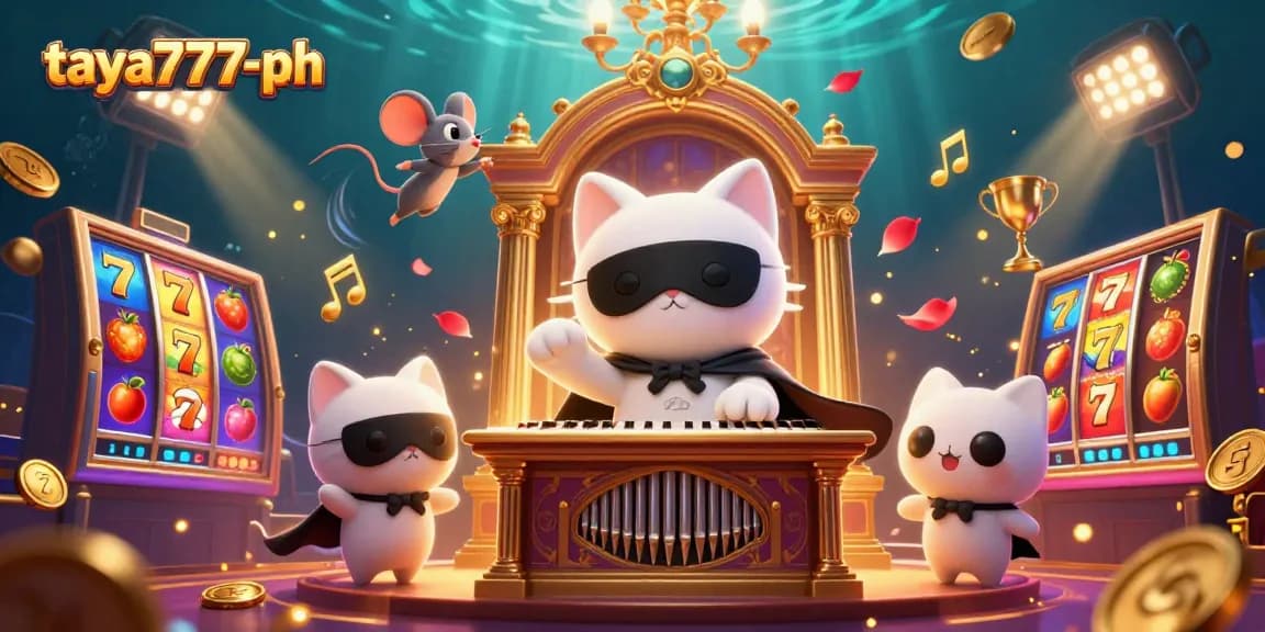 Spin to win with taya777-ph's vibrant and engaging casino scene featuring a masked cat and thrilling game elements.