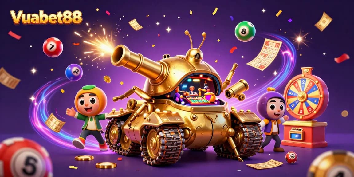 Experience the excitement of Vuabet88 with a dynamic casino-themed illustration showcasing a mini casino tank.