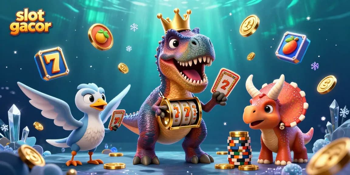 Menangkan permainan slot gacor dengan simbol keberuntungan, T-Rex, dan chip emas berkilau.
