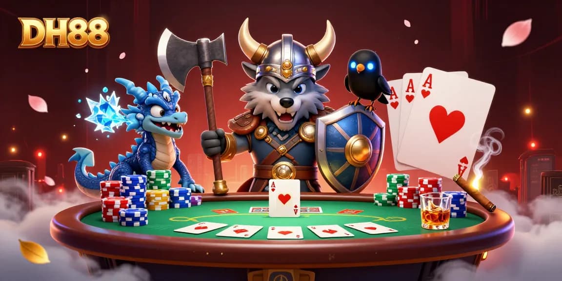 DH88 showcases a Viking wolf warrior amidst vibrant poker elements, capturing online casino excitement.