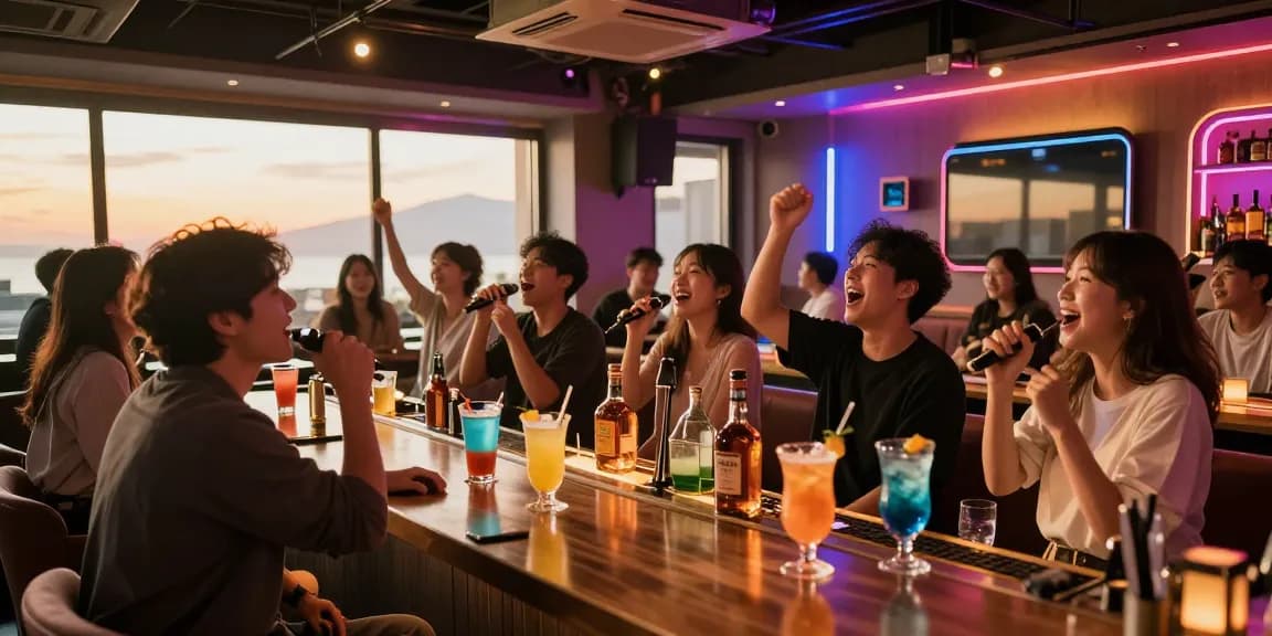 제주유흥의 다채로운 분위기 속에서 노래하며 즐기는 사람들