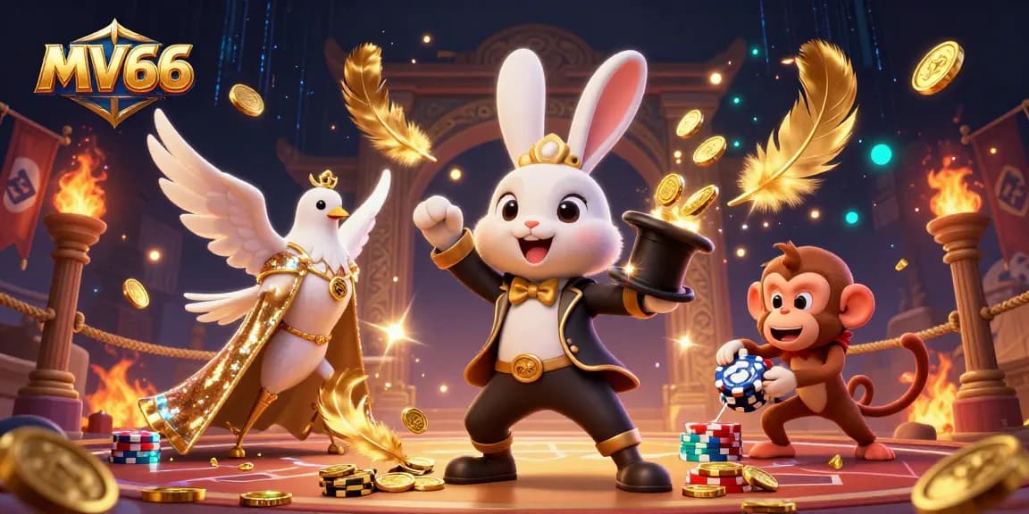 Experience MV66's thrilling casino action with a magical rabbit, glamorous dove, and playful monkey.
