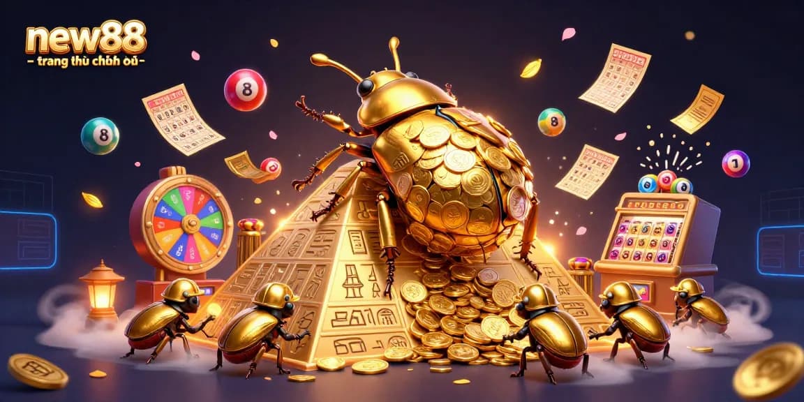 Join the excitement with new88 - trang chủ chính thức as golden beetles roll coins amidst vibrant lottery elements.