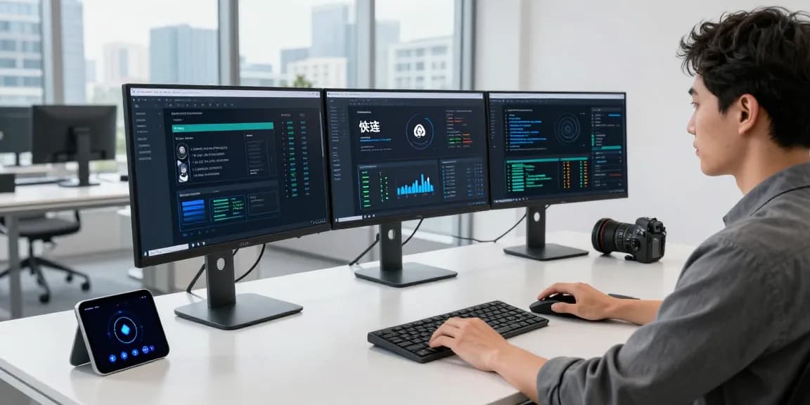 快连 network acceleration software being optimized by a developer in a modern office setting.