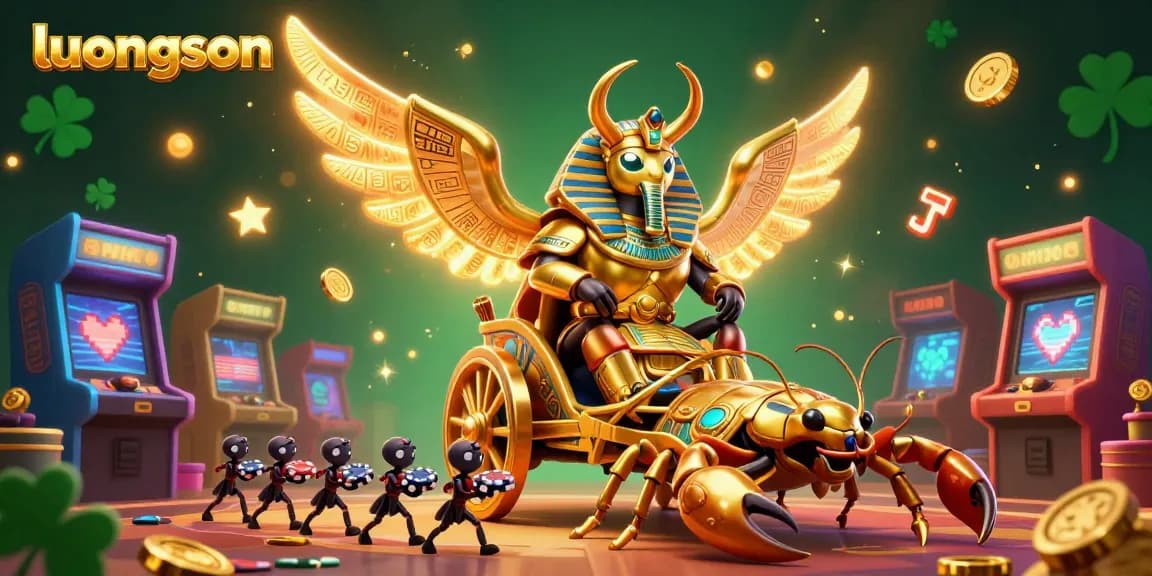 Experience thrilling gaming action with luongson's vibrant casino scene featuring poker chips and golden scarabs.