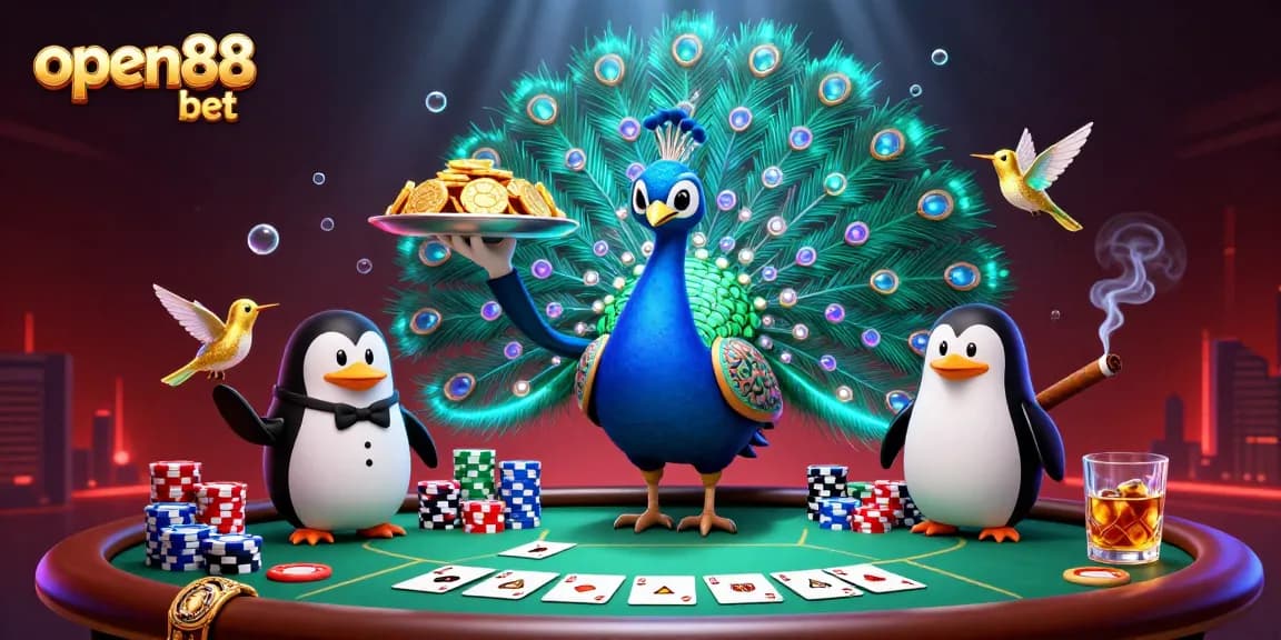 Experience the excitement of open88 bet with an elite casino scene featuring an aristocratic peacock and poker elements.