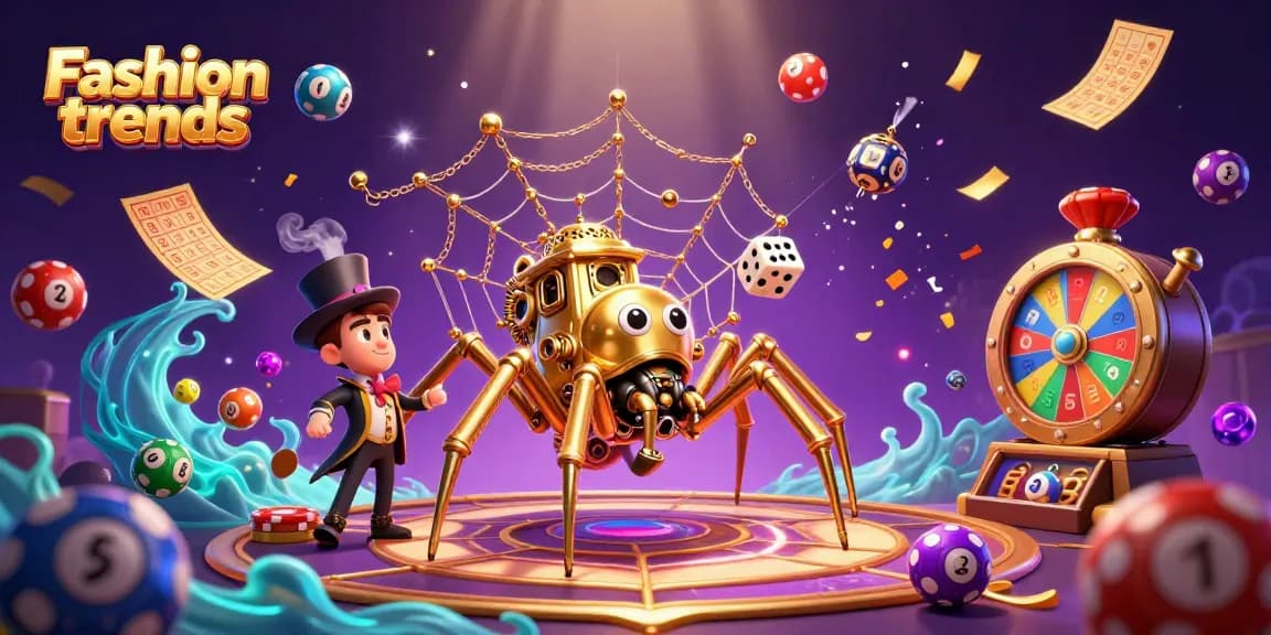 Engage with fashion trends in the casino scene, featuring a steampunk spider web with dice, lottery balls, and vibrant game elements.