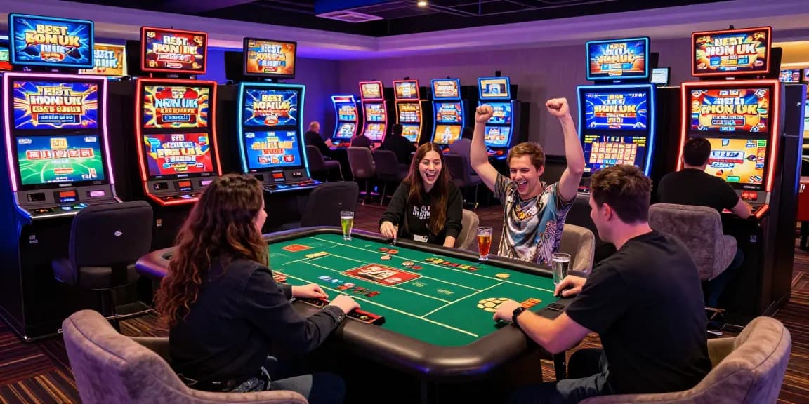 Exciting atmosphere at the best non UK casinos with players enjoying diverse games and colorful slot machines.