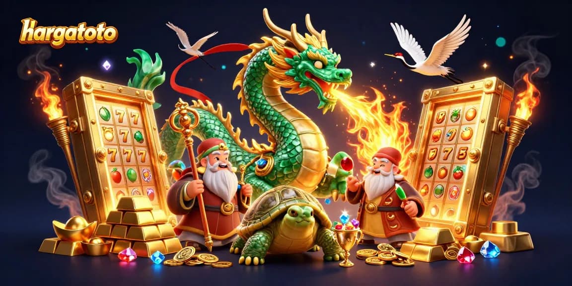 Engage in hargatoto's thrilling slot games, featuring a vibrant dragon and treasure-filled scene.