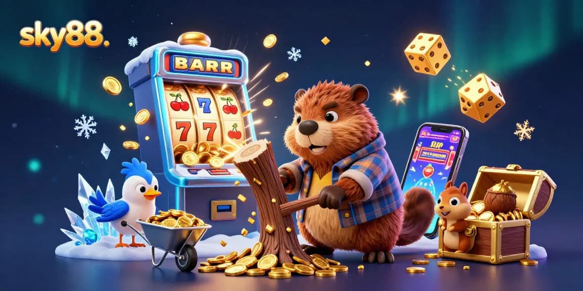 Experience thrilling wins with sky88. in this colorful, dynamic casino scene featuring slot machines and gold coins.