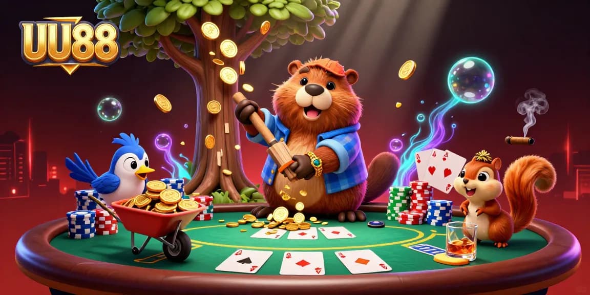 Experience thrilling poker action at UU88 with cartoon characters interacting in a vibrant casino setting.