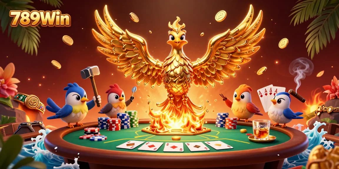 Experience the thrill of 789Win with a vibrant 3D illustration featuring a golden phoenix and poker elements.