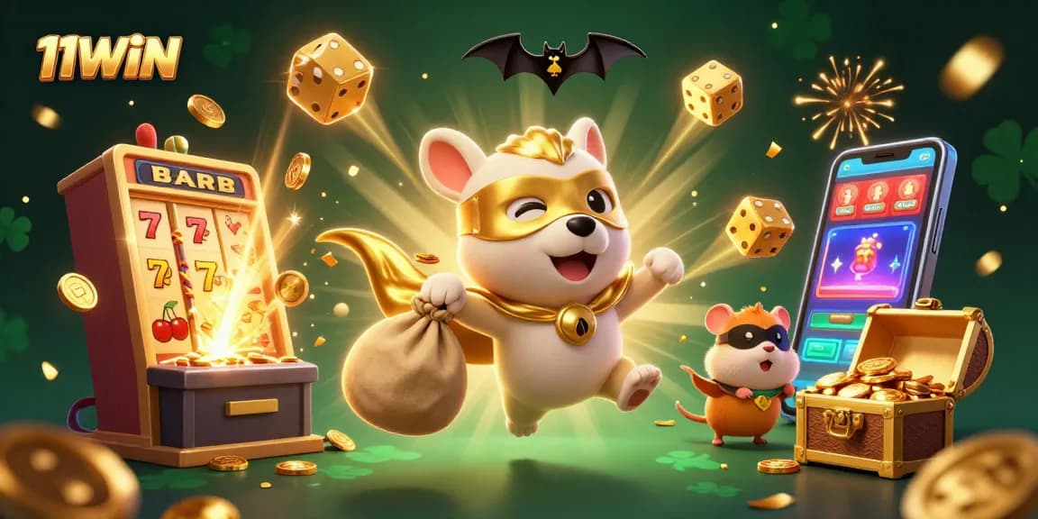 Experience the thrill of winning with 11WIN's vibrant casino adventure, showcasing a superhero dog and hamster.