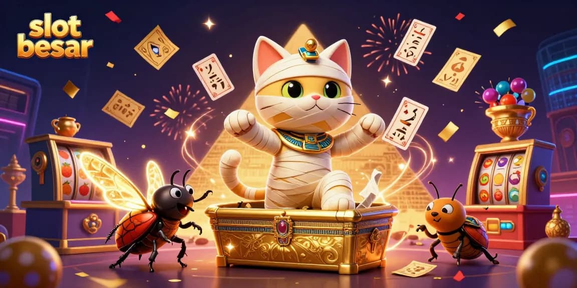 Spin the reels with slot besar as the mummy cat and golden beetle bring luck in a vibrant casino.