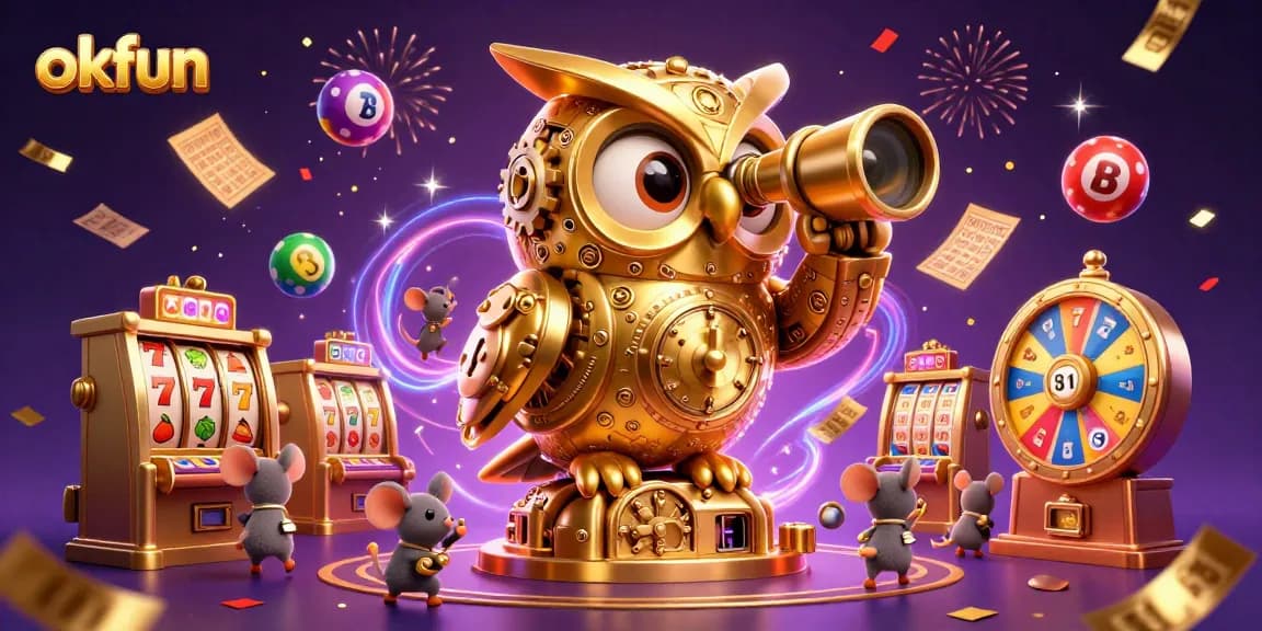 Engage with okfun's vibrant casino world, where a golden owl oversees buzzing slot machines and lively lottery games.