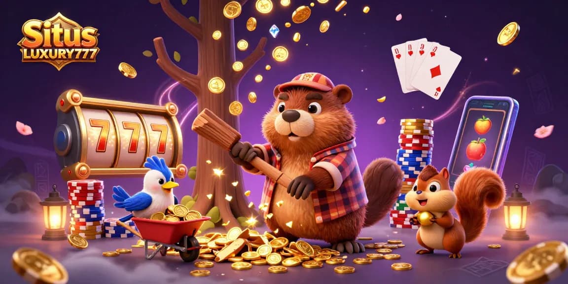 Permainan mengasyikkan di Situs LUXURY777 dengan karakter dan simbol slot berkilauan.
