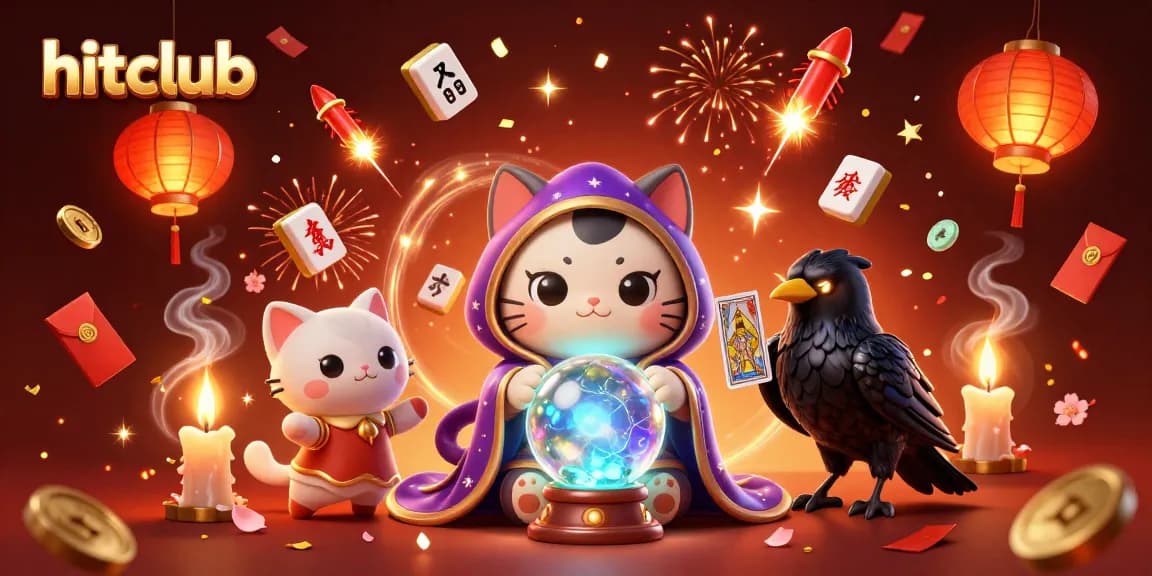 Hitclub players enjoy dynamic gambling action with a mystic cat, glowing raven, and festive elements.