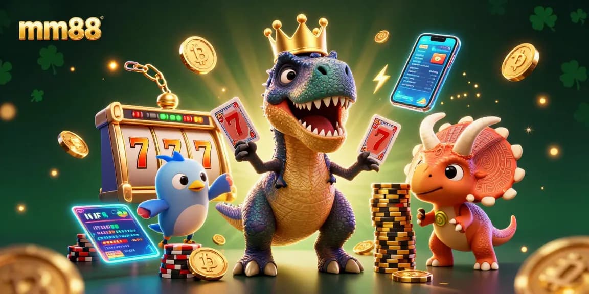 Experience thrilling games at mm88 with an engaging 3D casino scene featuring vibrant characters.