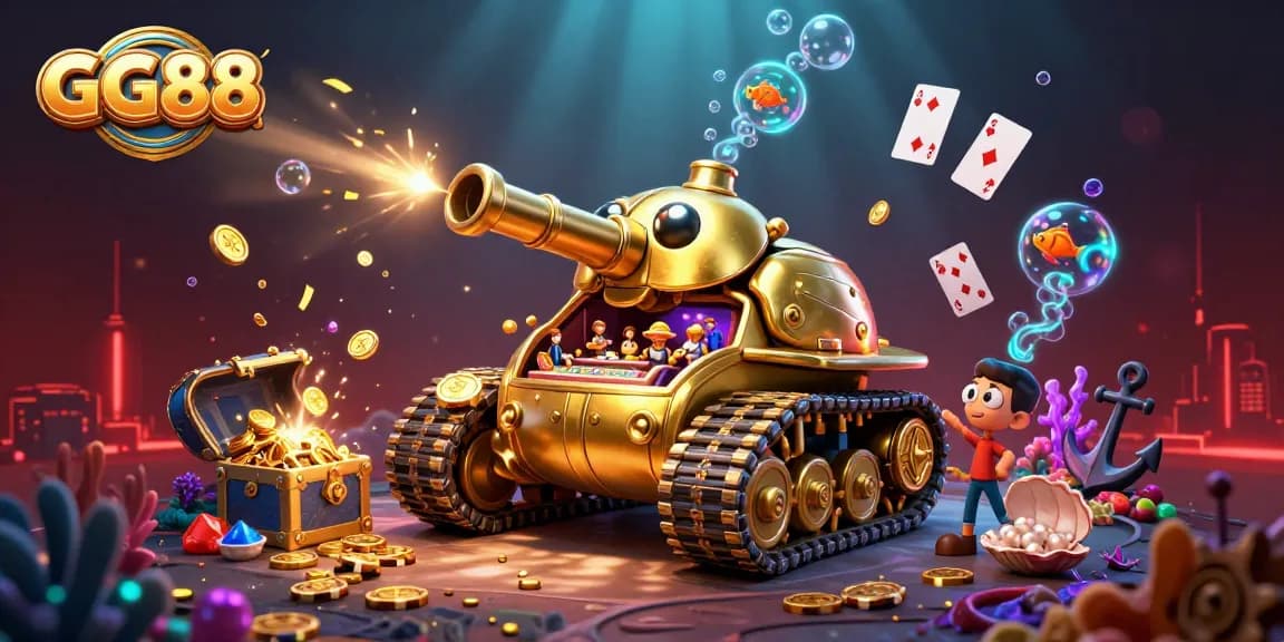 Engage with GG88's animated virtual casino world showcasing gaming excitement and immersive underwater treasures.