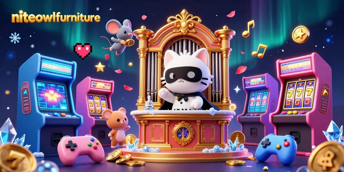 Niteowlfurniture illustration showcasing a vivid casino scene with a whimsical cat and colorful slot elements.