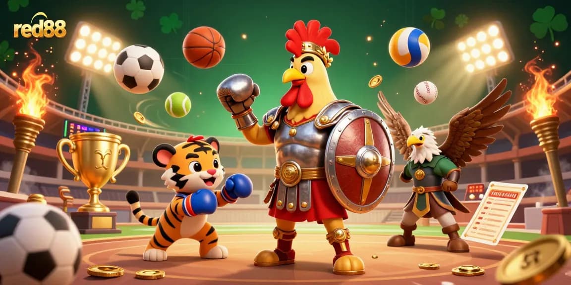 Engage with red88's thrilling gambling experience in a vibrant 3D illustration featuring exciting casino elements.