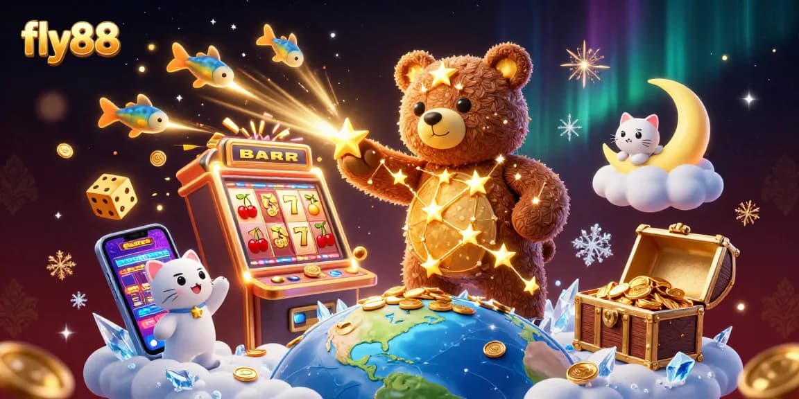 Experience the excitement of fly88 as the constellation bear scoops up coins surrounded by vibrant casino elements.