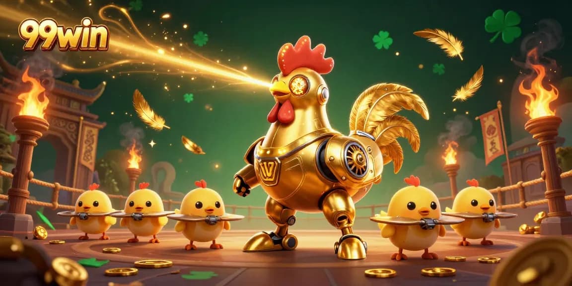 Experience 99win's thrilling gaming adventure with a golden rooster robot and dynamic elements.