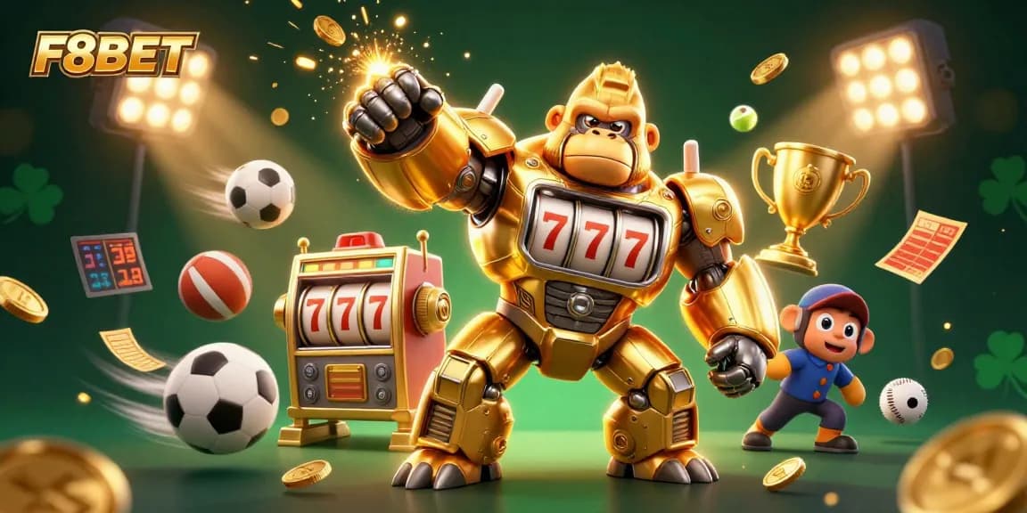F8BET showcases thrilling gaming with a golden gorilla mech and dynamic sports elements.