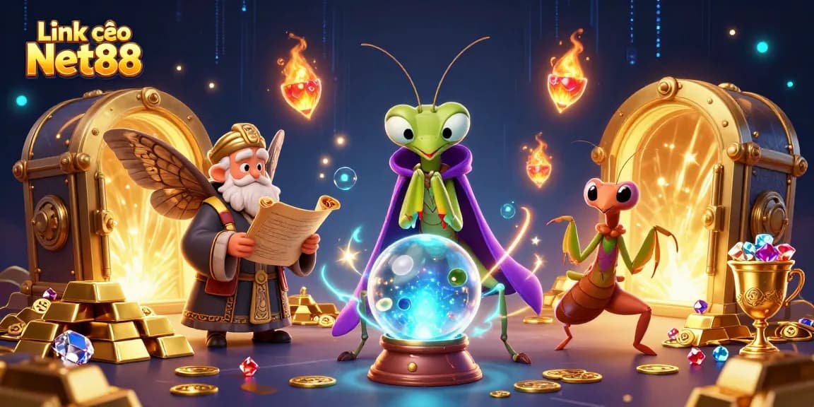 Engage with Link vào Net88 casino, featuring a mystical fortune teller and treasures in a rich 3D scene.